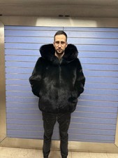 Luxury Full Skin Black Fox Fur Mens Bomber Real Fur Black Skin To Skin Fox Hood