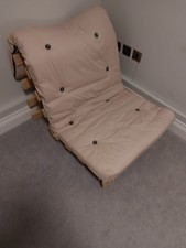 Futon  Single Chair / Bed with Wooden Frame and Cream/Beige Mattress