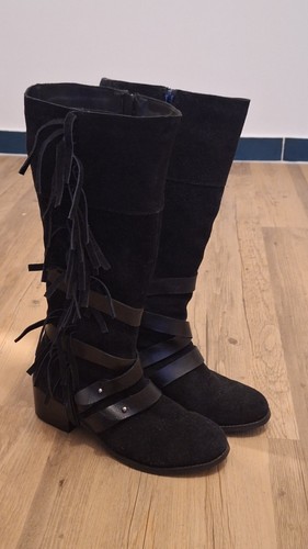 Fringed black suede long boots - long,