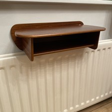 Vintage 1980s Teak Wooden Floating Curved Telephone Shelf Hallway Bedside MCM