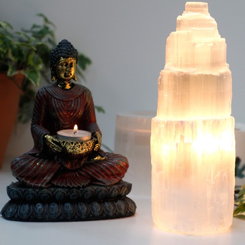 Selenite healing tower - selenite, lamp
