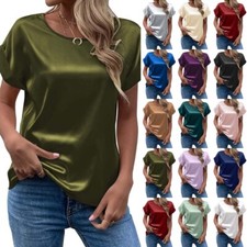 Women Satin Silk Plain Blouse Ladies Short Sleeve Holiday Crew Neck Tops T Shirt