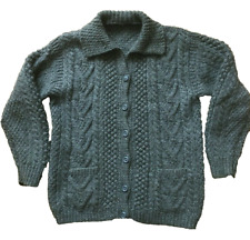 Womens Grey Aran Cardigan 12 Hand knit 40 Pockets M Med Buttons Cable Wool Blend