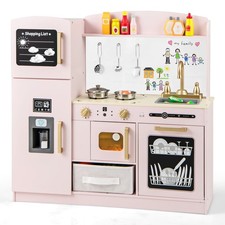 COSTWAY Wooden Kitchen Playset Kids Pretend Play Kitchen with Chalkboard Pink