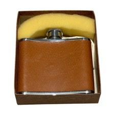 Vintage Chromed & Pigskin Tan Leather Bound Pocket Hip Flask 4oz Boxed & Unused