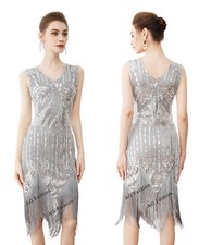 1920s Lady Flapper V-neck Gatsby Fringed Sequins Roaring Cocktail Dress-FV