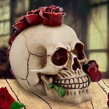 Red Rose Mohican Skull Gothic Ornament Sculpture  Pagan Wiccan Home Altar Decor