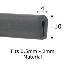 Black Rubber U Channel Edging Trim Seal 10mm x 4mm fits 0.5mm - 2mm Per Metre