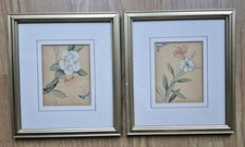 2 X Chinese Painting On Silk Gold Framed Pictures Flowers Butterfly Vintage Pair