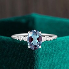 14K White Gold Finish Oval Cut Alexandrite Diamond Women Engagement Wedding Ring