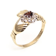 9ct Gold Claddagh Ring Garnet Set Heart Ring UK Hallmarked