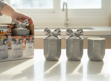 TEA COFFEE SUGAR CANISTER JAR SET GREY SILVER PATTERN CHROME BOW STORAGE GIFT