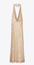 ZARA GOLD HALTER NECK SLEEVELESS BACKLESS SEQUINS MIDI DRESS L 3235/865 £49.99