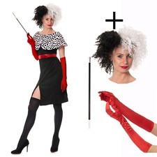 Cruella De Ville Dog Lady 101 Dalmatian Wig Gloves Full Set Fancy Dress Costume