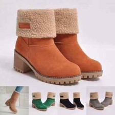 Womens Ladies Mid Calf Boots Buckle Faux Fur Warm Winter Low Block Heel Shoes