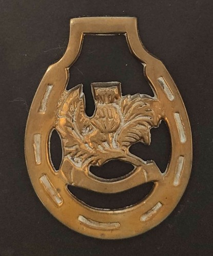 Horse brass featuring scottish - horse,