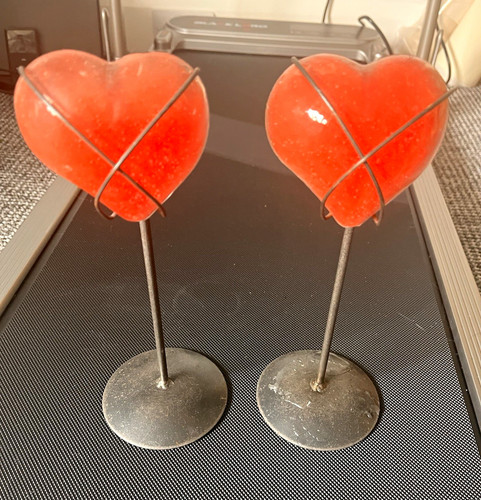 Pair heart shaped red - heart-shaped, glass