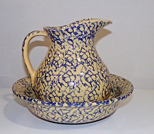 Vintage Robinson Ransbottom RRPC Ohio Blue Spongeware PITCHER & BOWL Wash Set