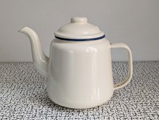 Vintage Retro Style Cream Blue Rim Enamel Tea Pot Teapot Shabby Chic 1.5 Litres