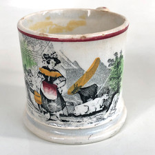 Antique 1800's Staffordshire Child's Mug Cup Goat Cow Woman