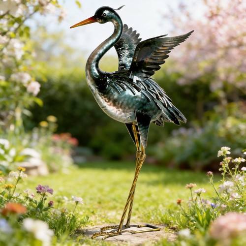 Metal heron garden statue - garden,