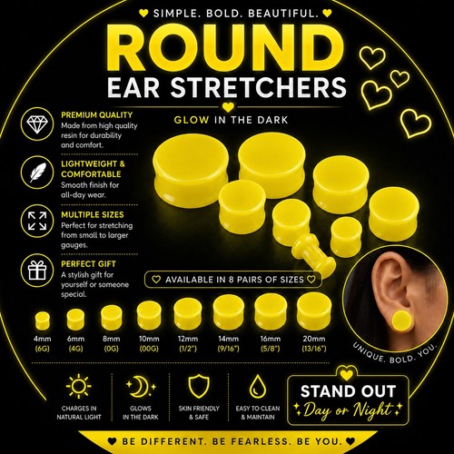 Yellow glow ear stretchers - , x8