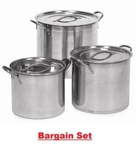 XLARGE 3PC SET DEEP STAINLESS STEEL SOUP POT STOCKPOT BOILING CATERING CASSEROLE