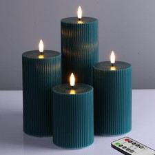Teal Ribbed Flameless Pillar