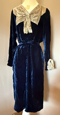 Vtg 1920s DECO FLAPPER DRESS NAVY BLUE SILK VELVET  w/ WHITE SAILOR STYLE COLLAR