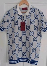 GUCCI GG Logo Cotton Knit Polo Shirt Blue Size L Never Been Worn 