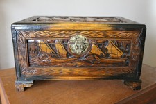 Mid Century Modern Chinese/Asian Carved Camphor Wooden Chest Ship Sailing Theme