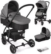 Hadwin Pram 2-in-1 Travel System, Foldable Baby Pushchair with Rain Cover, Grey