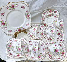 Vintage Mid Century Tea Set Tuscan Fine Bone China White Pink Floral 20 Piece