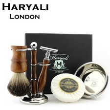 Wooden 5pc Shaving Kit with DE Safety Razor Badger Brush Stand Bowl Soap for men