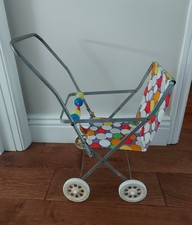 Vintage French Play Doll Buggy Foldable 1970's Aluminium Coloured Spots Stroller