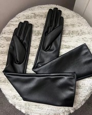 Fabric Leather Long Black Gloves One Size