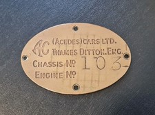 VINTAGE CAR CHASSIS NUMBER PLATE AC CARS No 103 ACEDES ACE 