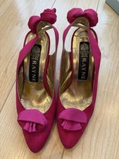 Vintage Silk Fushia Rayne Sling Back Heels Flowers Size 5.5 Royal Warrant Queen