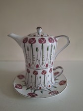 Charles Rennie Mackintosh Inspired One Cup Teapot Cup & Saucers Pink Floral