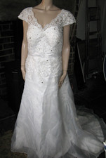 White Wedding Dress Long Train Fish Tail Lace Up Back Lacey Cap Sleeves XL XXL