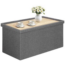 30 Inch Folding Storage Ottoman with Reversible Lid Coffee Table, Linen Fabri...