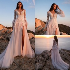 Elegant Boho Wedding Dresses V-Neck Side Split Lace Applique A-Line Bridal Gowns