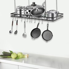 Modern Hanging Pot Holder Pan Hanger Kitchen Ceiling Rack with 12 Hooks Black