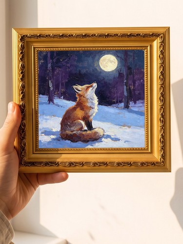 Red fox gazing moon - gazing, original