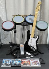 PS3 Rock Band Drum Set Kit BUNDLE Lot Drums Guitar w Dongle Microphone & 4 Games