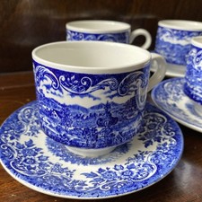 Vtg Blue Broadhurst Ironstone Tea Coffee Cups & Saucers Set of 4 English Scene