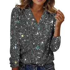 Women's Casual Solid Tops Sequin Long Sleeved V Neck Loose T Shirt Blouse Tops .