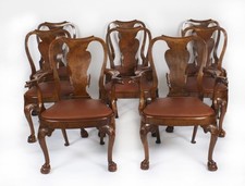 Vintage Set 8 Queen Anne Revival Burr Walnut Dining Chairs  20th Century