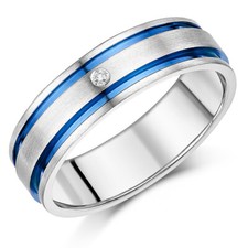 7mm Men's Titanium Diamond Blue Inlay Engagement Wedding Ring