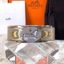 Vintage Hermes Bangle Bracelet Grey Enamel Horse Silver Rim 65 with Case